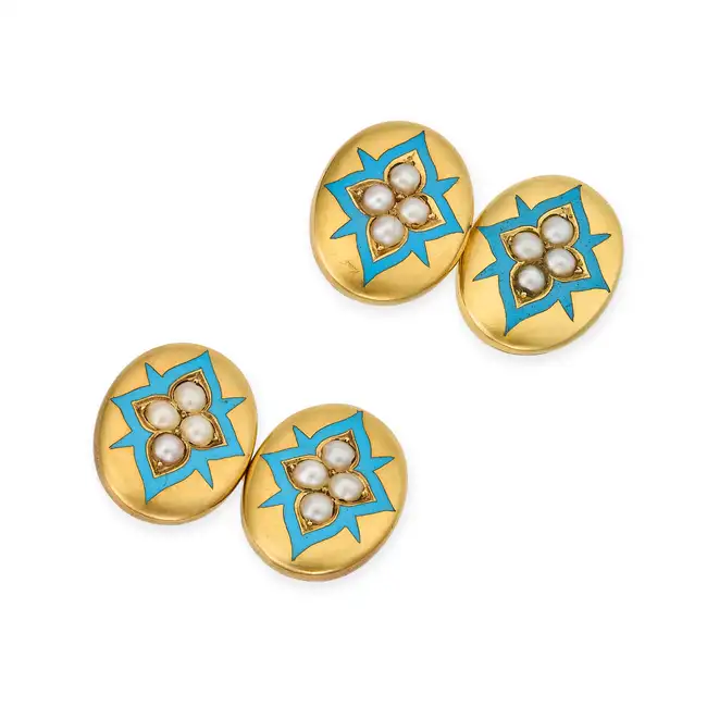 A PAIR OF ANTIQUE VICTORIAN PEARL AND ENAMEL CUFFLINKS in 15ct yellow gold, each oval face set