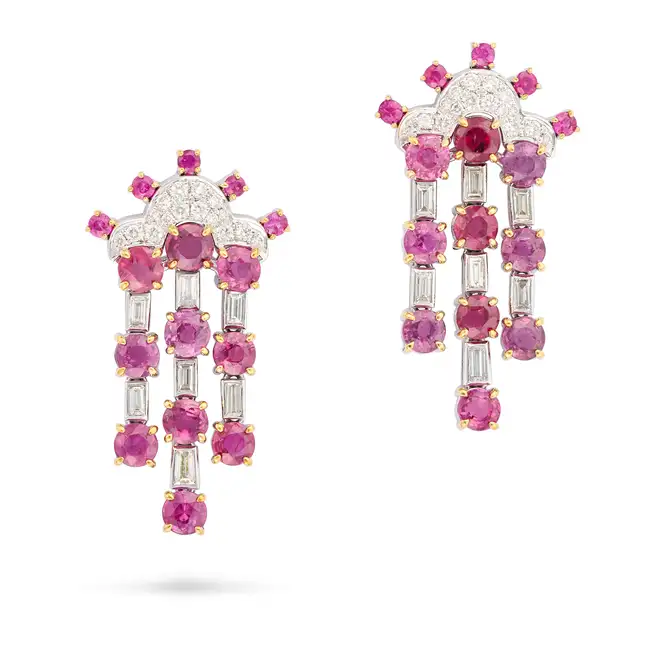 A PAIR OF RUBY AND DIAMOND CHANDELIER DROP EARRINGS each set with round cut rubies and round