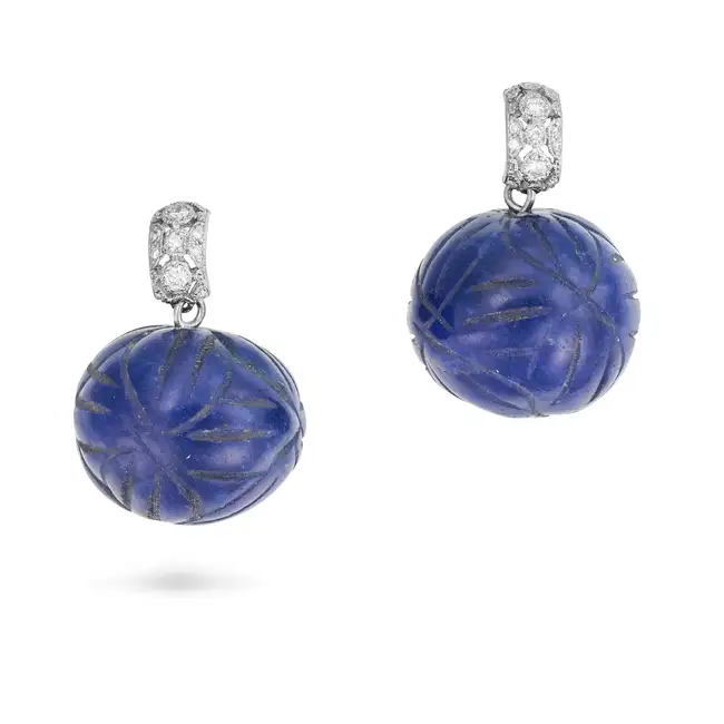 A PAIR OF SAPPHIRE BEAD AND DIAMOND DROP EARRINGS each comprising a carved sapphire drop of