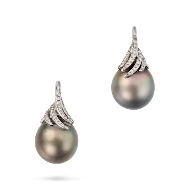 A PAIR OF TAHITIAN BLACK PEARL AND DIAMOND DROP EARRINGS in 18ct white gold, each set with a black
