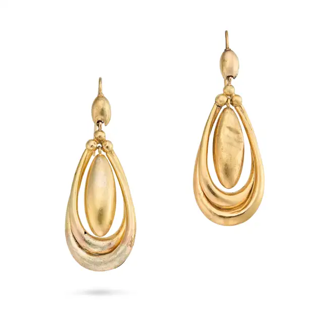 A PAIR OF ANTIQUE VICTORIAN DROP EARRINGS each designed as a pair of elongated hoops accented by