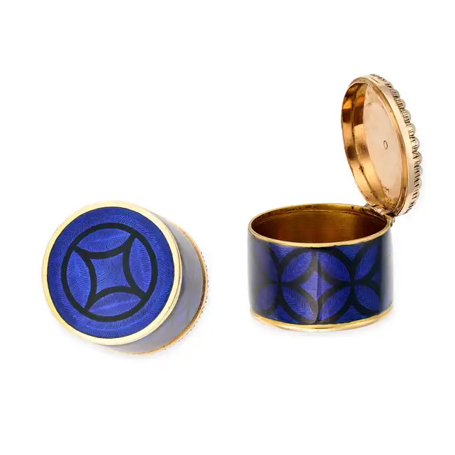 A PAIR OF ANTIQUE PEARL AND ENAMEL PILL POTS comprising two pill pots decorated with blue enamel,