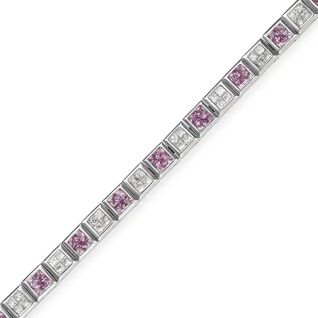A PINK SAPPHIRE AND DIAMOND BRACELET in 18ct white gold, comprising square links set alternately