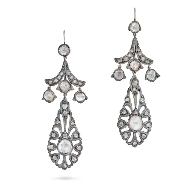 A PAIR OF ANTIQUE GEORGIAN DIAMOND DROP EARRINGS, CIRCA 1800 AND LATER in silver, each in foliate