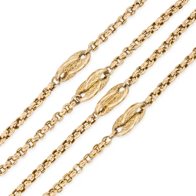 AN ANTIQUE GOLD GUARD CHAIN SAUTOIR NECKLACE in 9ct yellow gold, comprising a row of fancy links