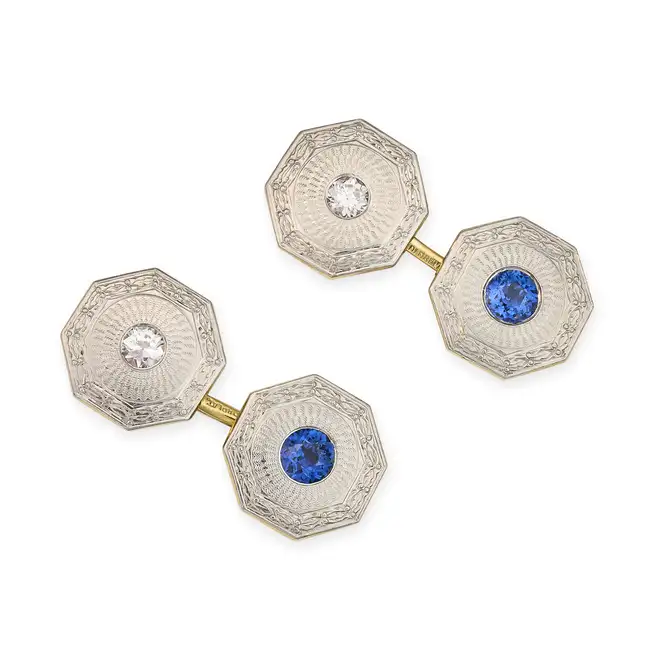 A.E. BETTERIDGE, A PAIR OF ANTIQUE SAPPHIRE AND DIAMOND CUFFLINKS in platinum and 14ct yellow