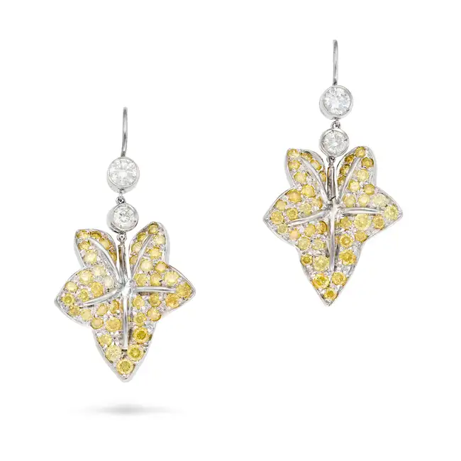 A PAIR OF YELLOW DIAMOND IVY LEAF EARRINGS each designed as an ivy leaf pave set with round