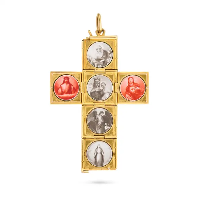A SAPPHIRE AND PEARL MASONIC CROSS PENDANT the pendant opening to reveal a cross, set with six