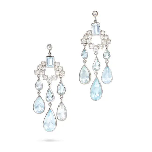 A PAIR OF FINE AQUAMARINE AND DIAMOND DROP EARRINGS each in geometric design, set with an