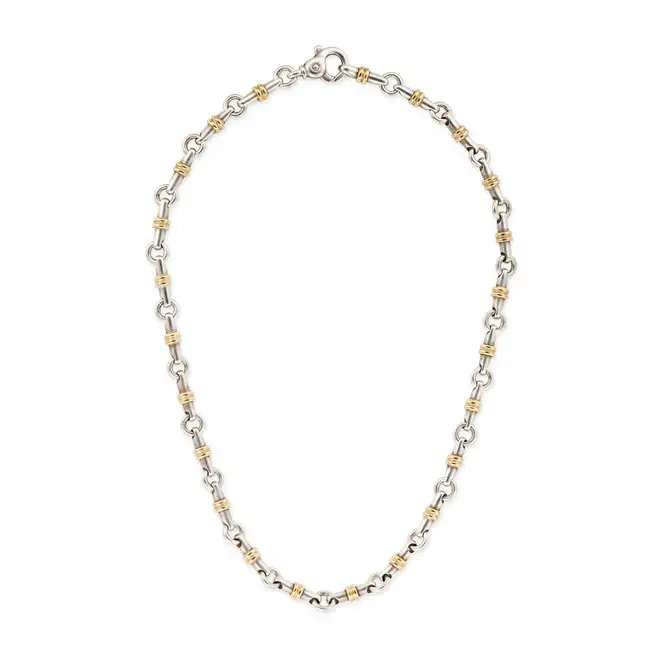 TIFFANY & CO., A SILVER AND GOLD HORSE BIT NECKLACE comprising a row of links designed as horse