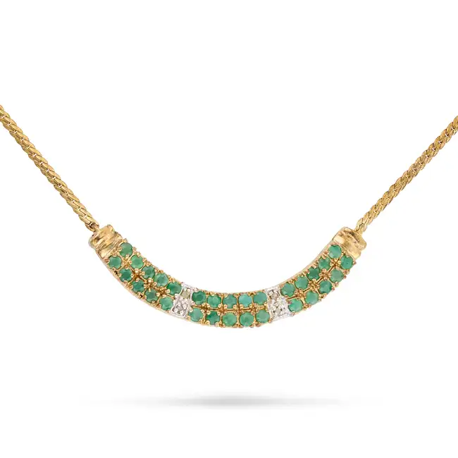 AN EMERALD AND DIAMOND PENDANT NECKLACE the pendant set with two rows of round cut emeralds and flat
