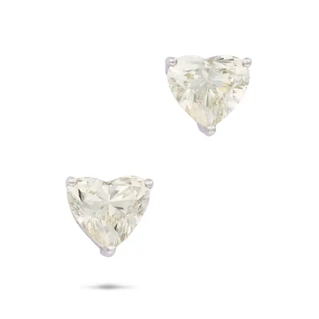 NO RESERVE - A FINE PAIR OF 4.03 CARAT DIAMOND HEART STUD EARRINGS in 18ct white gold, each set with