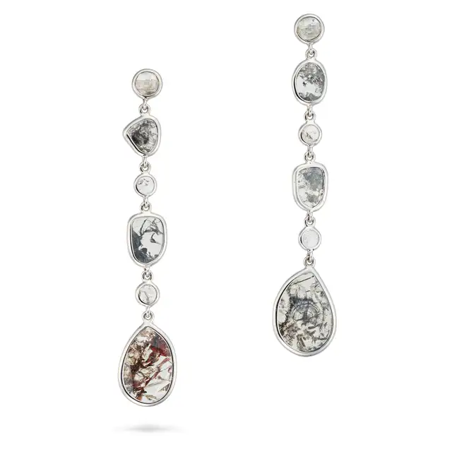 A PAIR OF DIAMOND SLICE EARRINGS each suspending a series of diamond slices, butterflies stamped