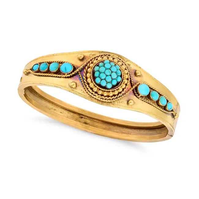 AN ANTIQUE VICTORIAN TURQUOISE BANGLE the hinged bangle pave set with a domed cluster of round