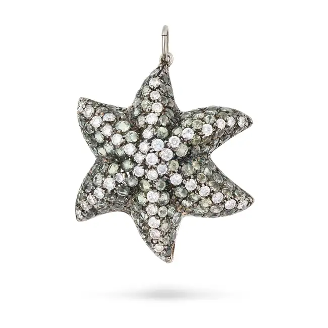 A GREEN SAPPHIRE AND DIAMOND STARFISH PENDANT designed as a starfish set with round brilliant cut