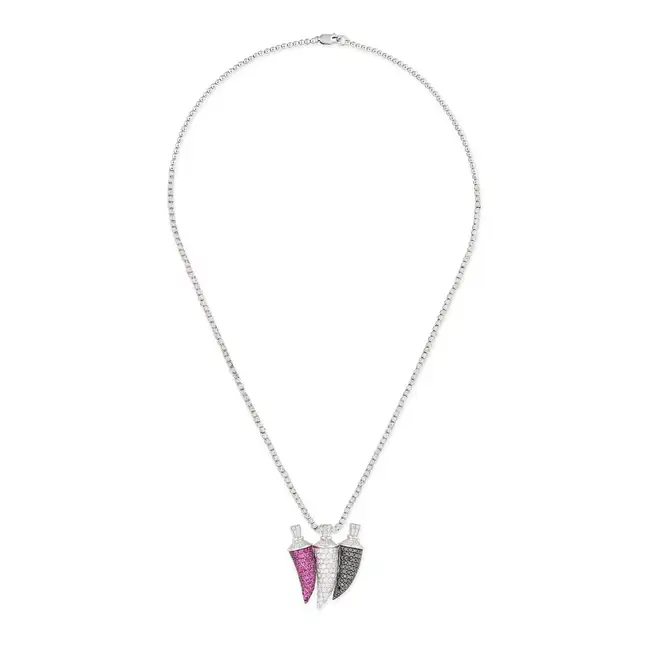 A DIAMOND AND RUBY CHILI PENDANT NECKLACE the pendant designed as three chilis pave set with round