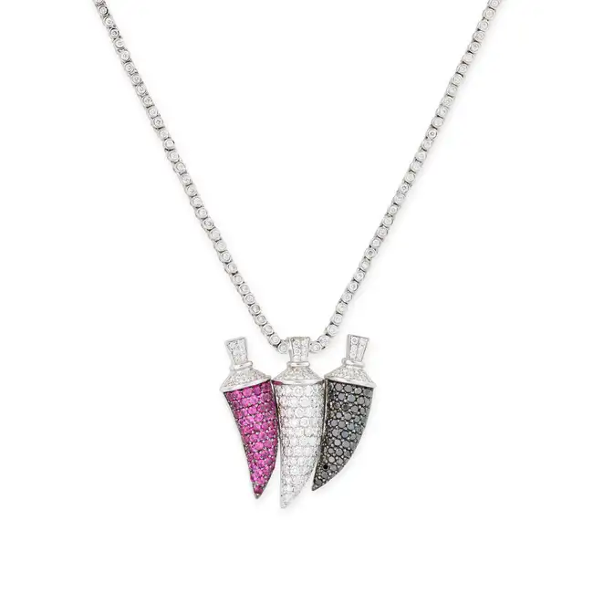A DIAMOND AND RUBY CHILI PENDANT NECKLACE the pendant designed as three chilis pave set with round