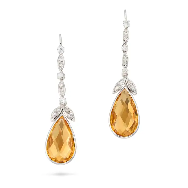 A PAIR OF CITRINE AND DIAMOND DROP EARRINGS each suspending a pear shaped facetted citrine drop,