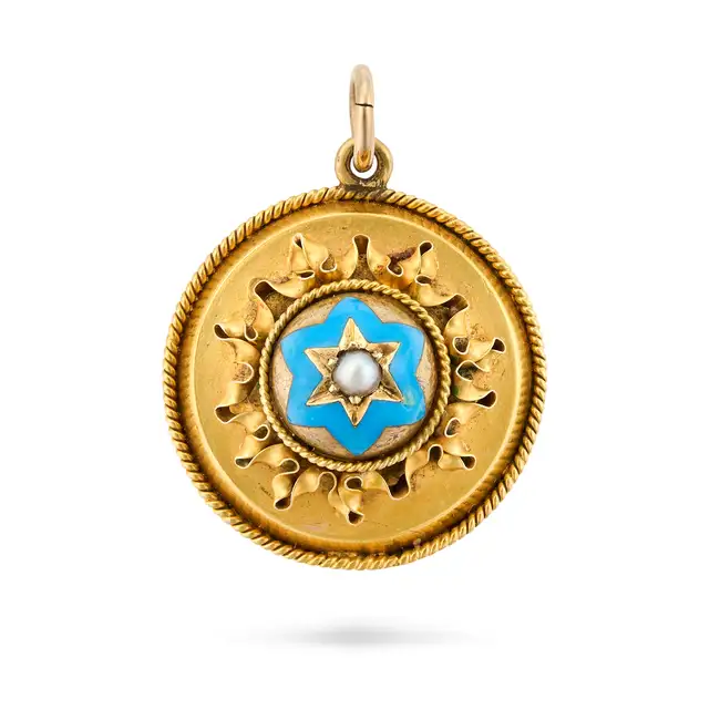 NO RESERVE - AN ANTIQUE VICTORIAN PEARL AND ENAMEL PENDANT, CIRCA 1870 in yellow gold, the domed