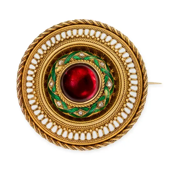NO RESERVE - A FINE ANTIQUE GARNET, DIAMOND AND ENAMEL BROOCH, CIRCA 1870 in yellow gold, set with a