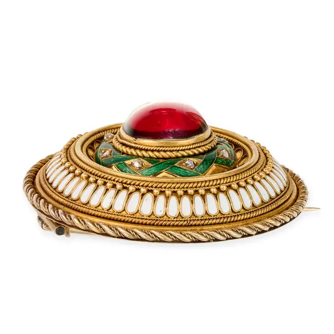 NO RESERVE - A FINE ANTIQUE GARNET, DIAMOND AND ENAMEL BROOCH, CIRCA 1870 in yellow gold, set with a