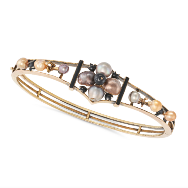 AN ANTIQUE NATURAL SALTWATER PEARL BANGLE in yellow gold, set with ten natural pearls in an openwork design, the pearls ranging from 4.4mm to 6.0mm, accented by black enamel, no assay marks, 17.0cm, 15.4g. Accompanied by a gemmological report stating
