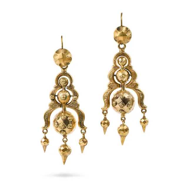 A PAIR OF ANTIQUE VICTORIAN DROP EARRINGS the tapering bodies engraved with foliate motifs,