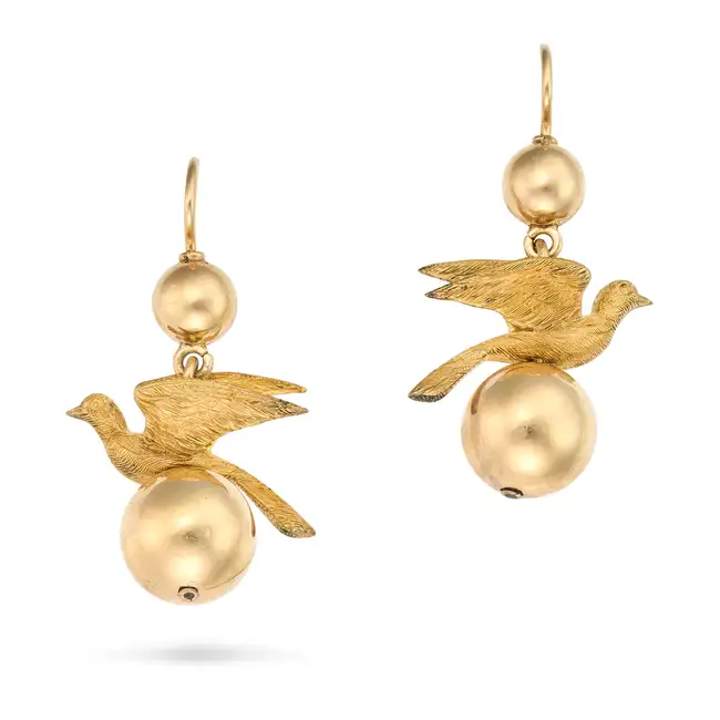 A PAIR OF GOLD DOVE EARRINGS each suspending a gold drop accented by a dove motif, no assay marks,