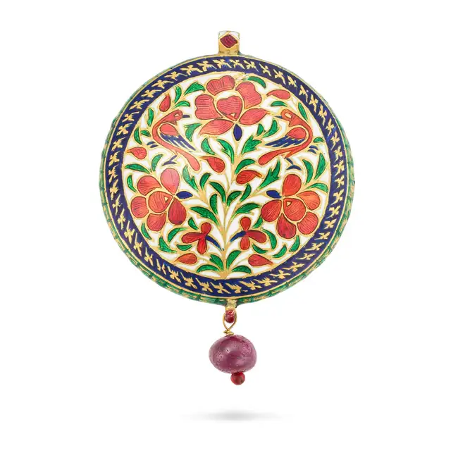 AN ANTIQUE INDIAN ENAMEL, RUBY AND DIAMOND DOUBLE SIDED PENDANT the circular pendant depicting a