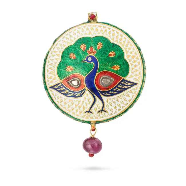 AN ANTIQUE INDIAN ENAMEL, RUBY AND DIAMOND DOUBLE SIDED PENDANT the circular pendant depicting a
