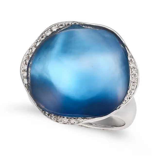 MORAGLIONE, A BLUE TOPAZ, MOTHER OF PEARL, LAPIS LAZULI AND DIAMOND DRESS RING in 18ct white gold,