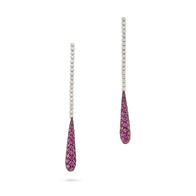 A PAIR OF RUBY AND DIAMOND DROP EARRINGS each comprising a tapering drop set with round cut