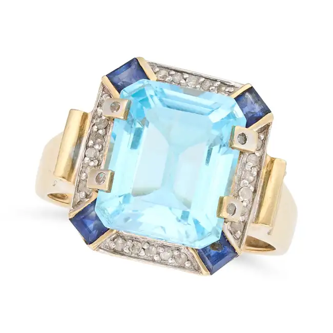 NO RESERVE - A VINTAGE BLUE TOPAZ, SAPPHIRE AND DIAMOND RING in 14ct yellow gold, set with an