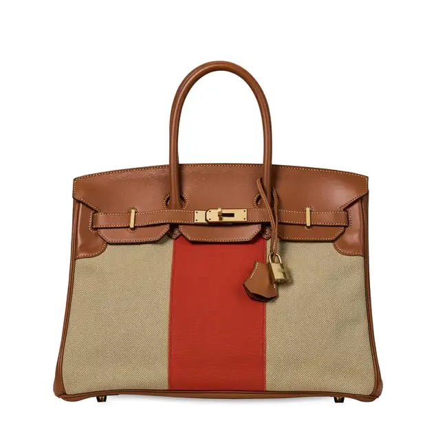 HERMÈS FAUVE BARENIA LEATHER & PAPRIKA AND FICELLE TOILE CANVAS FLAG BIRKIN 35 BAG  Condition