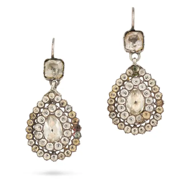 A PAIR OF ANTIQUE BLACK DOT PASTE DROP EARRINGS, EARLY 19TH CENTURY each suspending a pear shaped