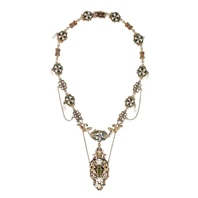 A FINE ANTIQUE RENAISSANCE REVIVAL GEM SET AND ENAMEL PENDANT NECKLACE, CIRCA 1870'S comprising a