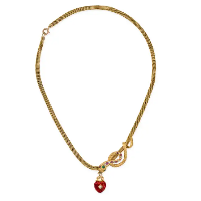 AN ANTIQUE RUBY, EMERALD, PEARL AND DIAMOND SNAKE NECKLACE, 19TH CENTURY comprising a fancy link