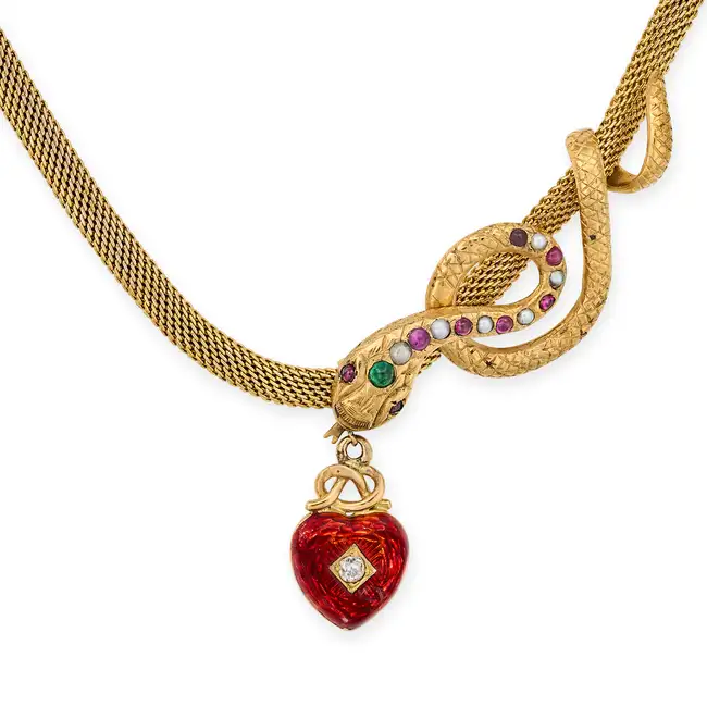 AN ANTIQUE RUBY, EMERALD, PEARL AND DIAMOND SNAKE NECKLACE, 19TH CENTURY comprising a fancy link