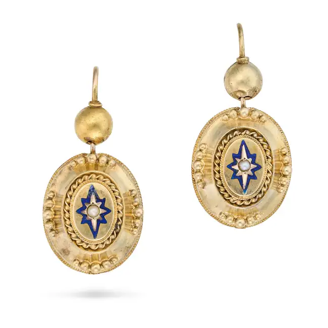 A PAIR OF ANTIQUE VICTORIAN PEARL AND ENAMEL ETRUSCAN REVIVAL DROP EARRINGS each set with a pearl