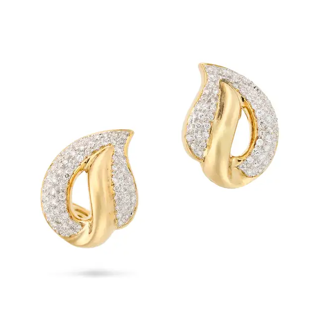 A PAIR OF DIAMOND LEAF EARRINGS each designed as a stylised leaf pave set with round brilliant cut