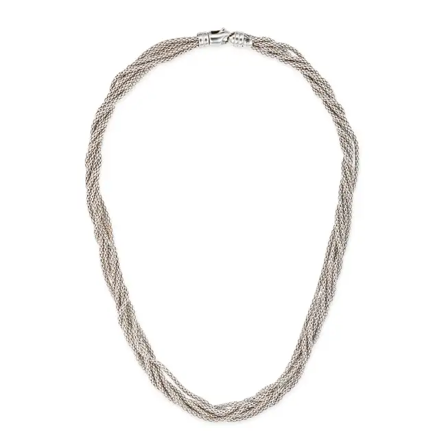 A GOLD CHAIN NECKLACE in 18ct white gold, comprising six rows of fancy link chain, SJ maker's