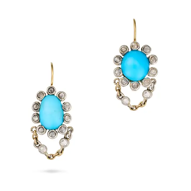 A PAIR OF ANTIQUE TURQUOISE AND DIAMOND EARRINGS each set with an oval cabochon turquoise accented