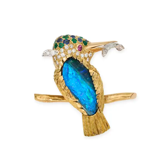 E. WOLFE & CO., A VINTAGE BOULDER OPAL, DIAMOND, EMERALD, SAPPHIRE AND RUBY KINGFISHER BROOCH,