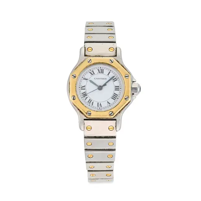 CARTIER, A LADIES SANTOS OCTAGON WRISTWATCH, in stainless steel and yellow gold, the octagonal