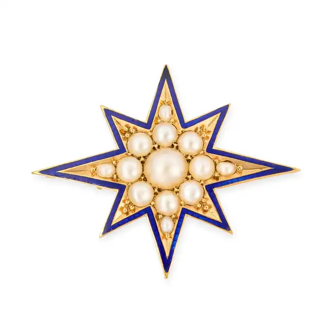 AN ANTIQUE PEARL AND ENAMEL STAR BROOCH designed as an eight rayed star set with a cluster of