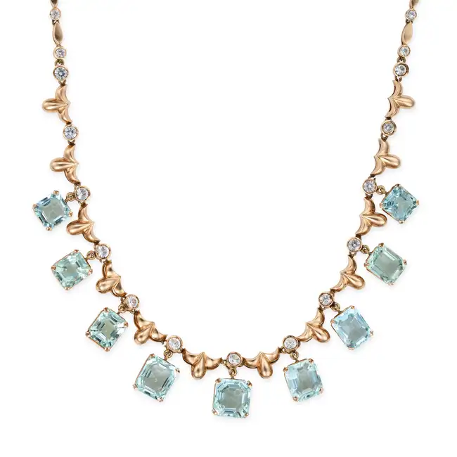 A VINTAGE AQUAMARINE AND WHITE SAPPHIRE NECKLACE comprising a row of fancy links set with round