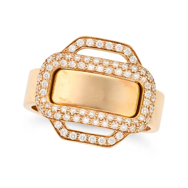 HERMES, A DIAMOND ATTELAGE D'OR RING in 18ct rose gold, designed as a stylised buckle set with round