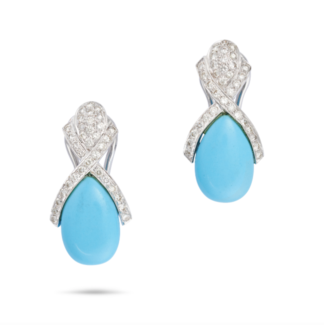 A PAIR OF TURQUOISE AND DIAMOND EARRINGS in white gold, each comprising a pear shaped cabochon turquoise accented by round brilliant cut diamonds, the diamonds all totalling 1.3-1.5 carats, no assay marks, 2.8cm, 12.0g. 