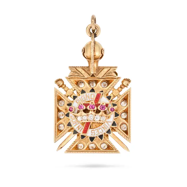 A RARE ANTIQUE DIAMOND, RUBY AND ENAMEL DOUBLE SIDED MASONIC PENDANT in yellow gold, designed as a