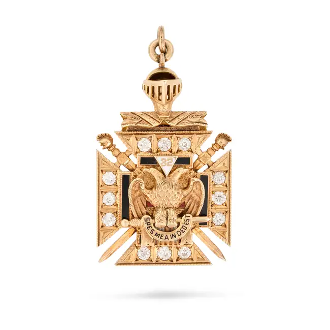 A RARE ANTIQUE DIAMOND, RUBY AND ENAMEL DOUBLE SIDED MASONIC PENDANT in yellow gold, designed as a